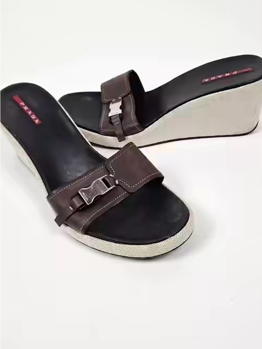 Prada Buckle Leather Wedge Heels